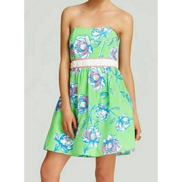 Lilly Pulitzer Green Strapless Floral Print Silk Blend Dress Women's Size 6 NWT - Picture 1 of 10